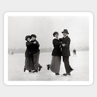 Ice Skating Couples, 1915. Vintage Photo Sticker